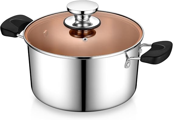 P&P CHEF 5 Qt Pot with Lid, Brown Glass & Tri-ply Stainless Steel