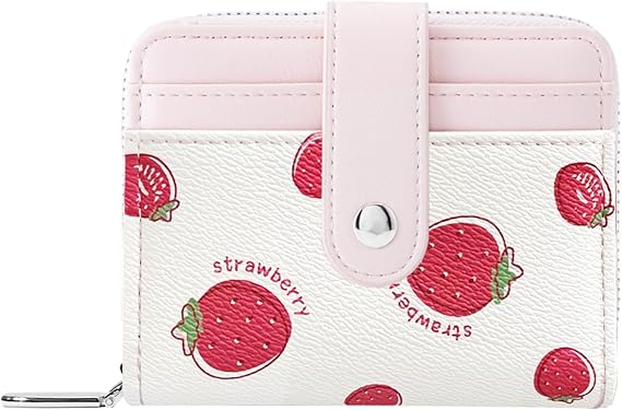 Cute Fruit Prints Wallet Blueberry Strawberry Cherry Grape Blackberry Wallet with Credit Card Slot Zipper Coin Pocket for Women Girls, STRAWBERRY, Mini