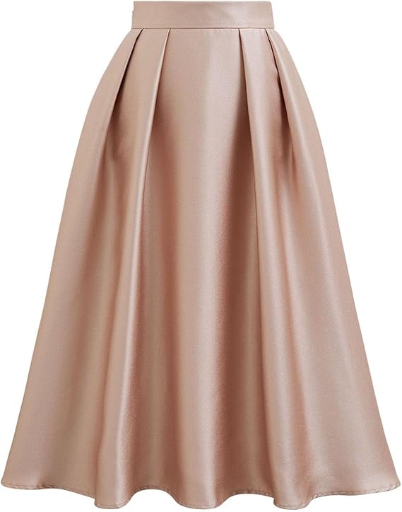 CHICWISH Women Sleek Pleated Midi Skirt A-Line Elastic High Waist Solid Flared Skirt with Side Pockets Coral