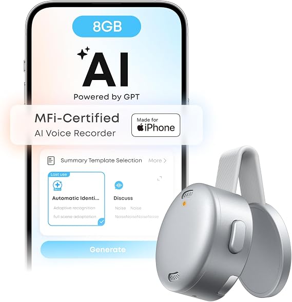 soundcore Work by Anker, Coin-Sized AI Voice Recorder, 8GB, MFi Certified