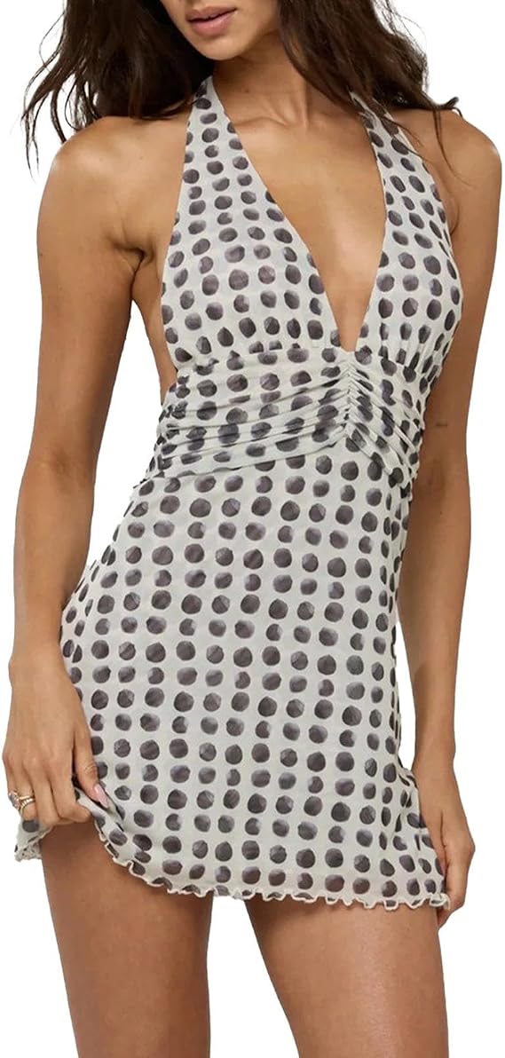ABYOVRT Women Polka Dot Mini Dress Halter Deep V Neck Backless Dresses Going Out Beach Vacation