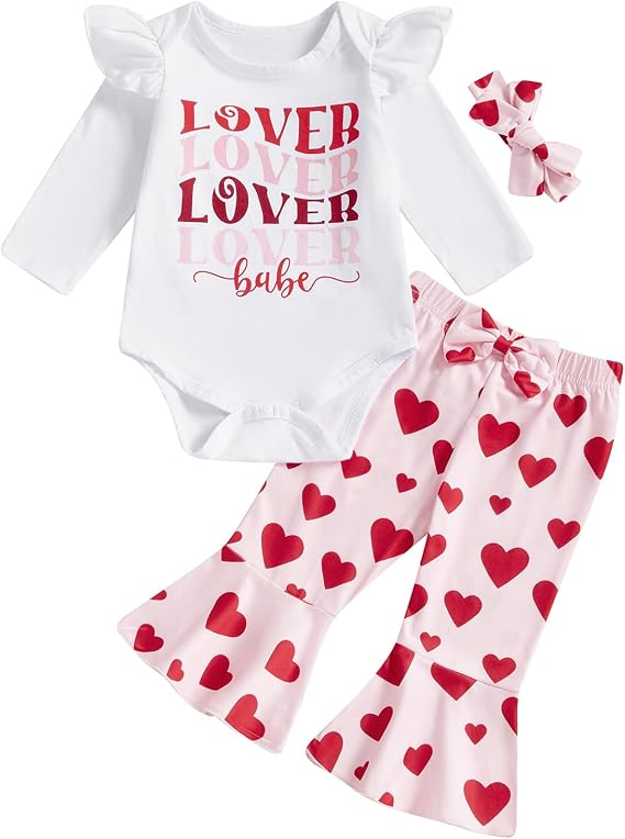 LYSINK My First Valentines Day Toddler Baby Girls Clothes Set Heart Print Long Sleeve Romper Flare Pants Headband 3Pcs Set