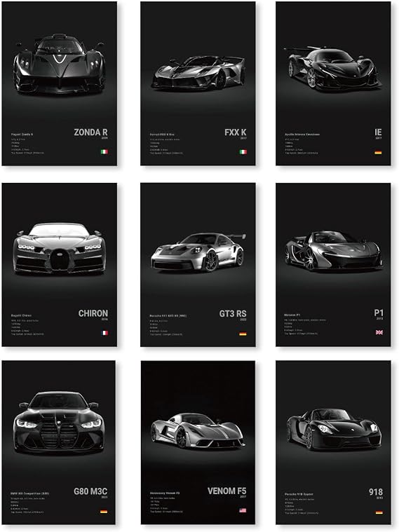 9 PCS Super Sports Car Wall Posters, Premium Cool Wall Decor Art Print Set for Living Room Office Garage Man Cave Home Decor, Car Lovers Gift (Black)