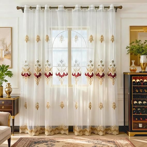 Amidoudou 1 Pair European Luxury Embroidered Sheer Curtains for Living Room Bedroom Tulle Curtains (Beige and Red,51x90 Inch)