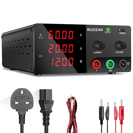 DC Power Supply Variable, 60V 20A 1200W High Power Bench Adjustable Switching Regulated Power Supplies with Encoder Knob & Output Switch for Electroplating/Repair/Test, 4-Digits LED Display