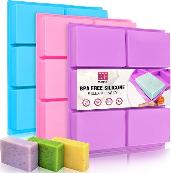 Walfos Silicone Soap Molds Set of 3, 6 Cavities Rectangle Silicone Soap Molds for Homemade Craft Soap Mold, Cake,Chocolate & Ice Cube Tray(Blue & Purple & Pink)