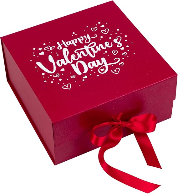 WRAPAHOLIC 1 Pcs 8x8x4 Inches Red Happy Valentine's Day Gift Box with Satin Ribbon, Collapsible Gift Box with Magnetic Closure and 2 Pcs White Tissue Paper, Perfect for Valentine's Day Gift Wrap