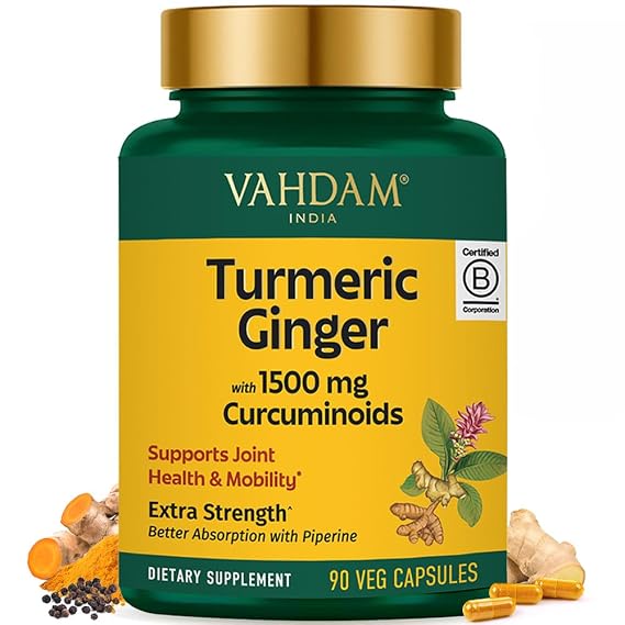 VAHDAM Extra Strength Turmeric Ginger Supplement with 1500mg Curcuminoids per Serving | Added Piperine for Better Absorption | Supports Joint Health and Mobility | 90 Veg Capsules