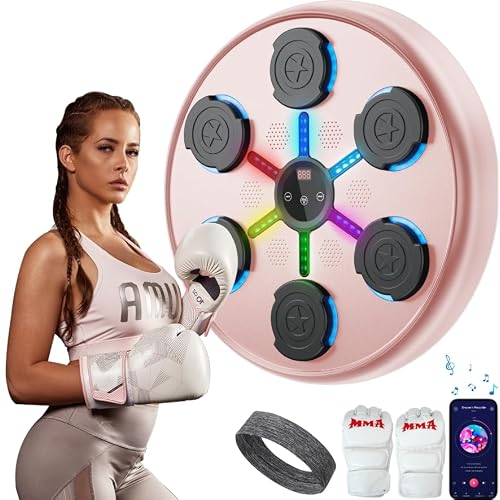 Music Boxing Machine for Women Adults, Bluetooth Wall Mounted Punching Trainer with 9 Speed Modes, LED Display, Boxing Machine with Gloves and Headband, Perfect for Home Gym and Fitness Workouts-Pink