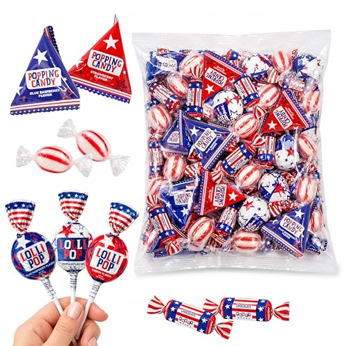 Patriotic Candy | 3-Pound Bag | 4th of July Candy Assortment Individually Wrapped | Popping Rocks, Lollipops, Chocolate Caramel Taffies, and Peppermint Drops
