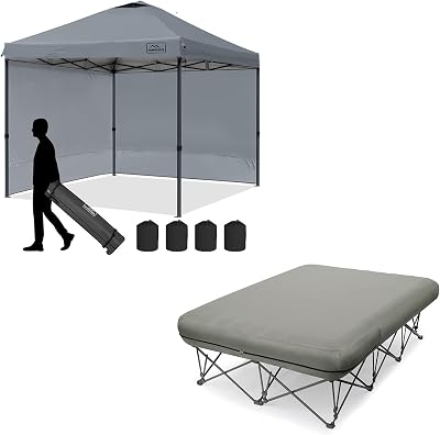 KAMPKEEPER 10x10 Pop Up Canopy Tent with 2 SidewallsGrey and KAMPKEEPER Camping Cot for AdultsGrey, not Included The Airpump,for Outdoor Travel Camp Beach Vacation