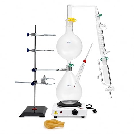 2000ml Essential Oil Distillation Kit, Glass Lab Distillation Apparatus with 1000w Electric Heating Stove, 5 Temperature Gears, Condenser Tube & Flask 110v for Home, Lab, Research