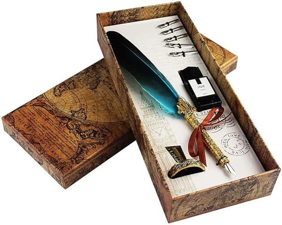 Quill Pen, Handcrafted Quill Pen and Ink Set, Antique Dip Feather Pen Set Calligraphy Pen Set Writing Quill Ink Dip Pen with Ink Pen Holder Gift Set (Blue)