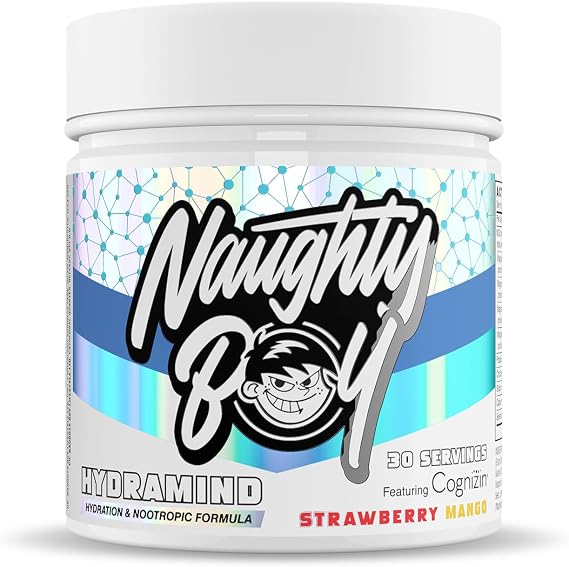 Naughty Boy HydraMind Hydration + Nootropic. 2400mg of Electrolytes, Added Cognizin, Tiger Milk Mushroom, Uridine & Super Reds - 282g (30 Servings) (30 Servings, Strawberry Mango)