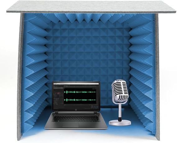 Portable Desktop Recording Studio, Cube Microphone Isolation Booth, Blue Vocal Absorbing Shield, Tabletop Soundproof Box for Music Studio Bedroom Home,23.6in