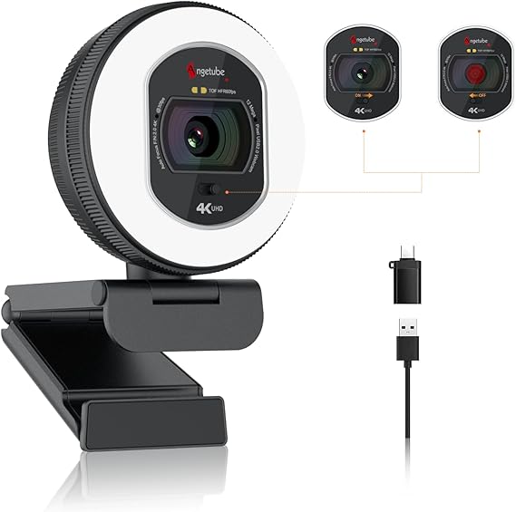 Angetube 4K Webcam with Light for PC, UHD Computer Web Camera for Desktop | TOF AutoFocus, 2 AI Noise Reduction Mics, 1080p@60FPS, USB Streaming Web Cam Built in Privacy Cover for Laptop Mac Zoom Teams