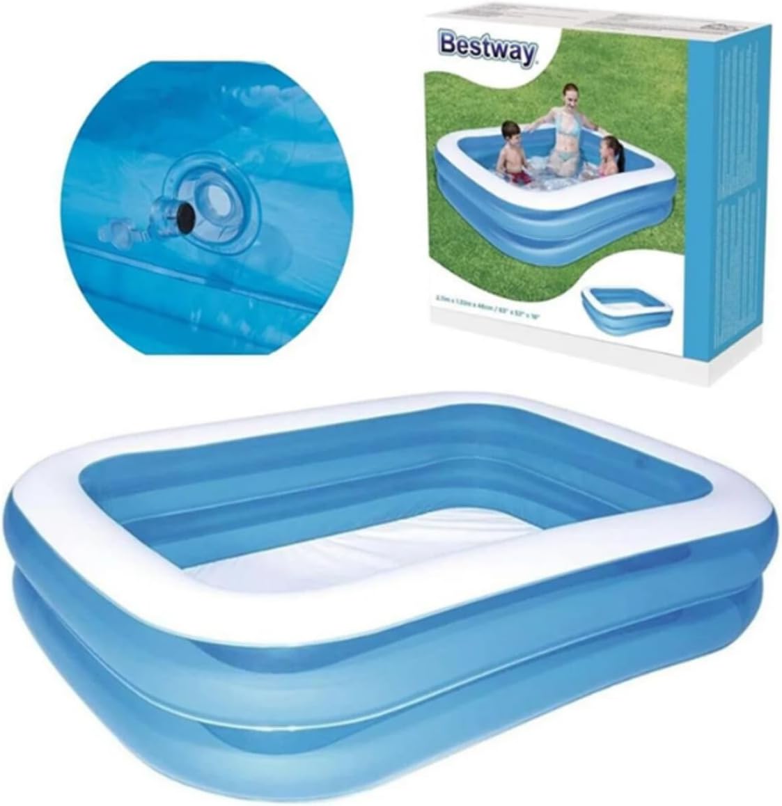 Bestway Büyük Boy Dikdörtgen Şişme Aile Havuzu, 211x132x46 cm, Mavi-Beyaz, Pompa Dahil
