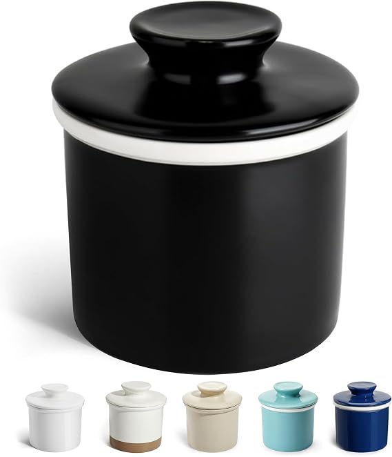 Sweese French Butter Dish with Lid - Butter Crock for Counter with Water Line for Spreadable Butter - No More Hard Butter - Matte Finish Black