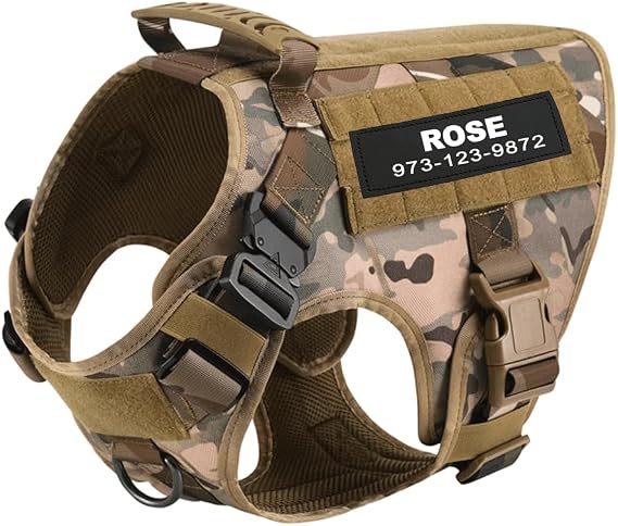 Personalized Tactical Dog Harness for Large Dogs with Custom Name and Phone Number, Adjustable No Pull Service Dog Vest with Handle for Heavy Duty Small Medium Extra Large Sized Dog - Camouflage S
