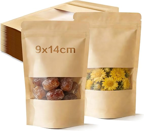 Kraft Bags with Window, 65 Pcs Resealable Pouches 9x14cm, Stand Up Kraft Paper Bags Sealable Food Pouche Brown Paper Ziplock Bag Waterproof for Snacks Sweets Nuts Coffee Beans Packaging
