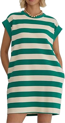 Hotmiss Womens Striped Summer Dresses Crewneck Cap Sleeve Color Block Casual A Line Tshirt Dress with Pockets