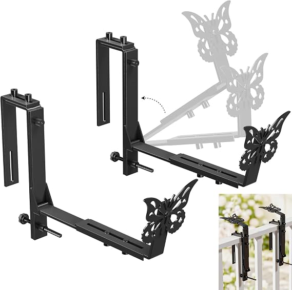 HFHOME Window Box Brackets, Adjustable Planter Box Brackets, Heavy Duty Flower Railing Planter Bracket for Balcony, with Enhanced Bottom Support, Perfect for Deck, Fence and Garden - Black (2 Pack)
