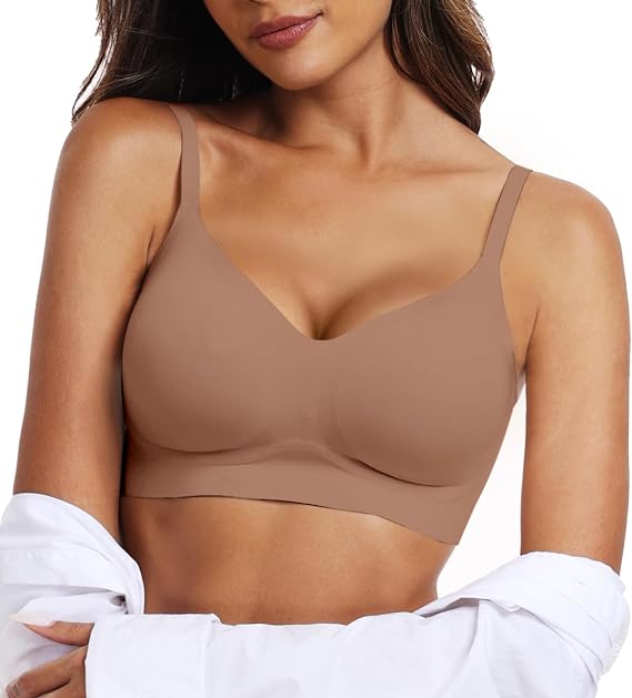 OEAK Womens Seamless Bra Push Up V Neck Bralettes Adjustable Wireless Padded Comfort Bras Adjustable Basic Everyday Bras XXL Coffee