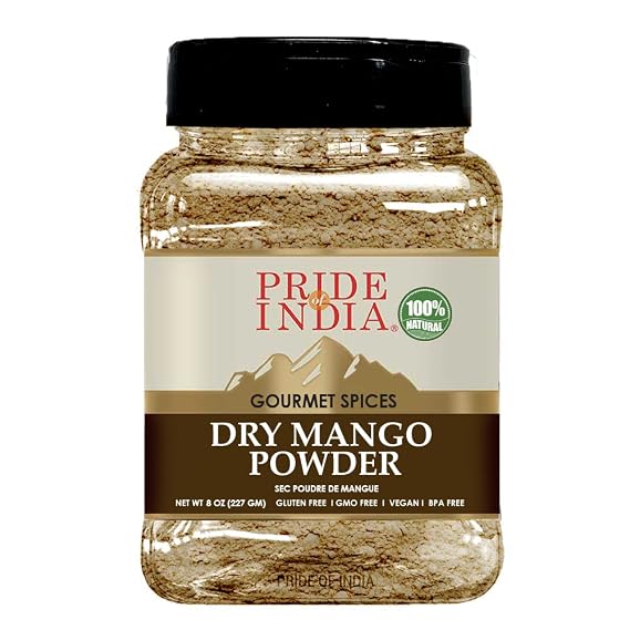 Pride of India Dry Mango Powder 8 oz | Gourmet Amchur Powder Ground Spice | Aromatic, Tangy & Savory Mango Seasoning for Cooking, Baking, Marinades, Curry, Sauces & Chutney | No Fillers, Easy to Use