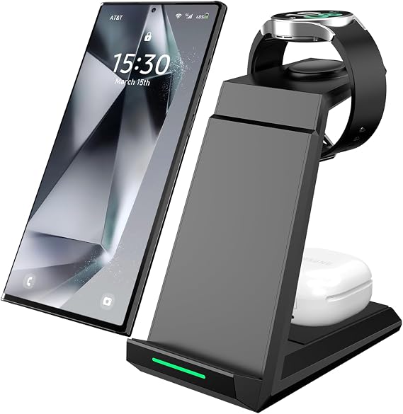 ADADPU 3 in 1 Wireless Charging Station for Samsung Galaxy S26 S25 S24 S23 S22, Charging Stand for Galaxy Watch 8/7/6/5/4/3 (Not for Watch 9/Ultra 2) and Galaxy Buds, 20W Adapter Included