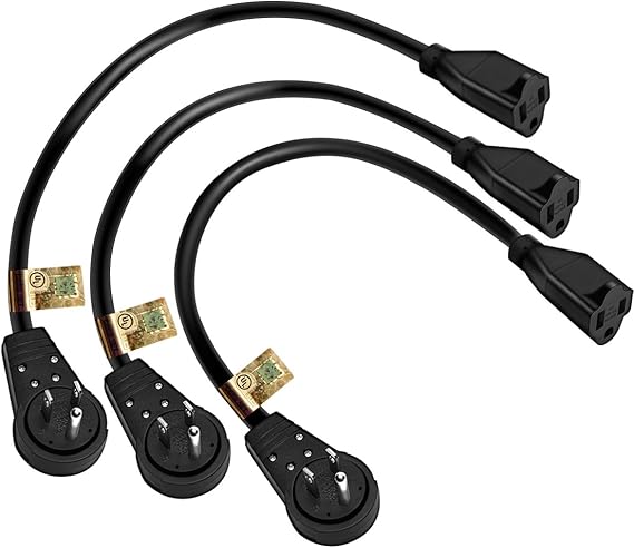 Nekteck 360 Rotating Flat Plug Extension Cord 1 Foot, 14AWG 3 Prong Extension Cord, Low Profile Right Angle Power Cord, Flat Extension Cord Grounded Wire, 15A - UL Certified, Black