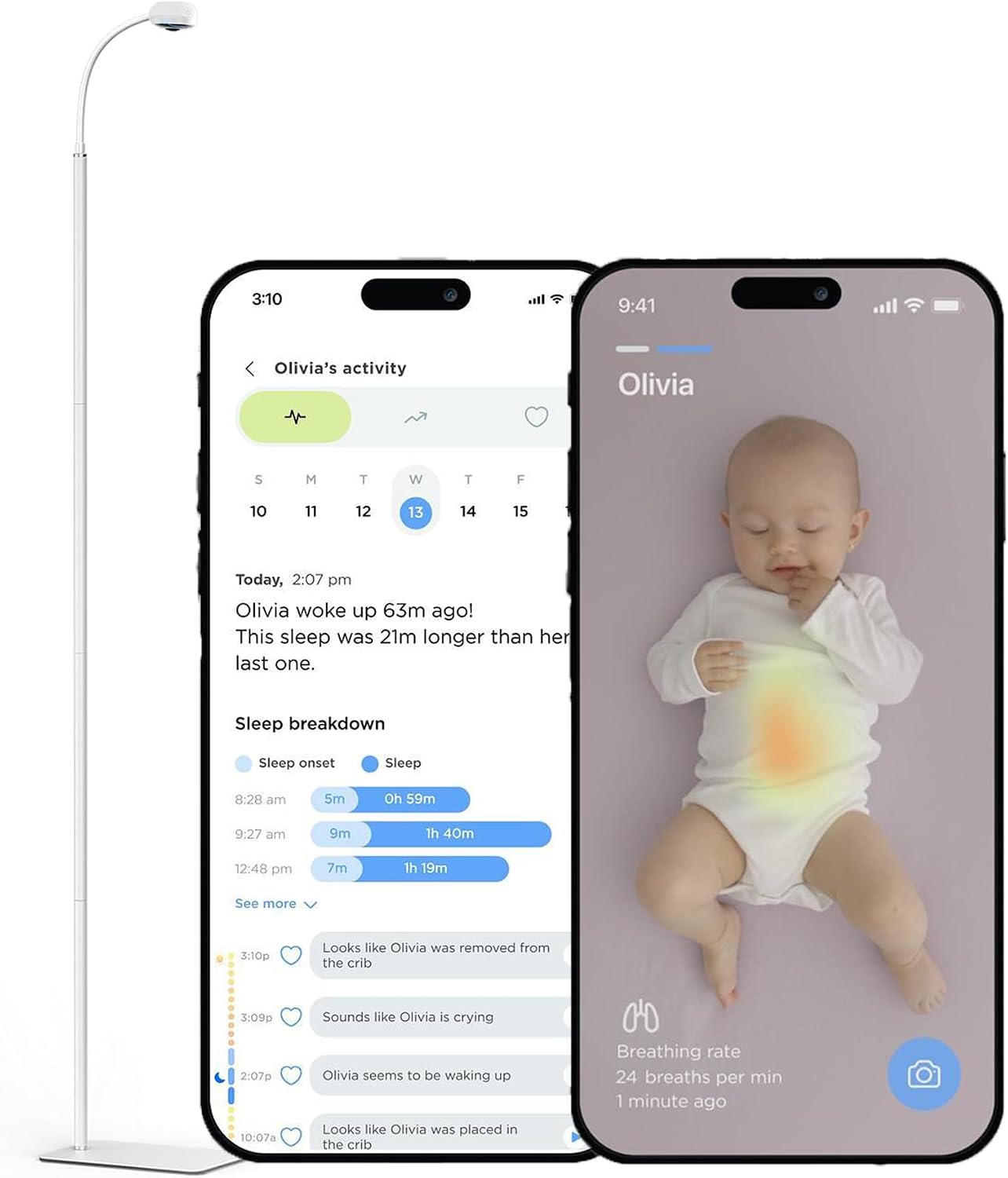 Smart Baby Camera Monitor & Floor Stand, Sensor-Free Baby Breathing Monitor, AI Monitoring, Sleep Tracker, Baby Cry Detection, Night Vision, 2-Way Audio, WiFi Camera for Baby Room, Smartphone App