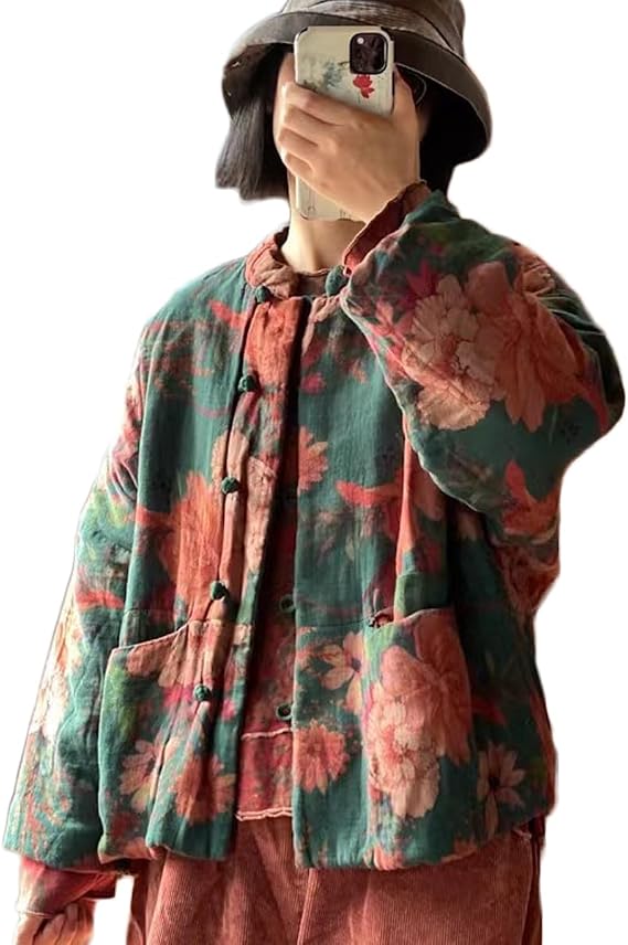 Women's Flower Quilted Cropped Jacket Casual Handmade Button Down Cotton Padded Coat Outwear