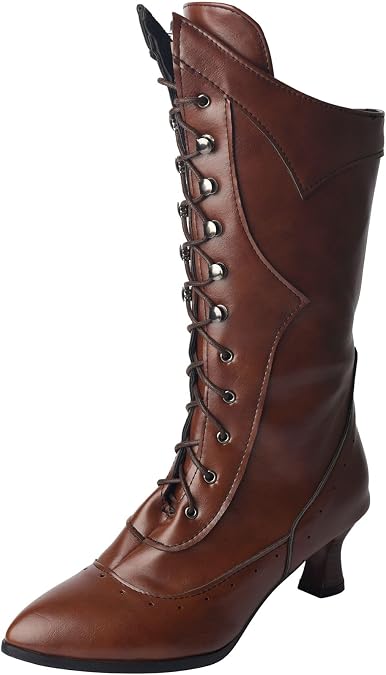Women Victorian Vintage Knee High Boots Kitten Heel Pointed Toe Lace Up Knee Length Boots Pull On Long Boot