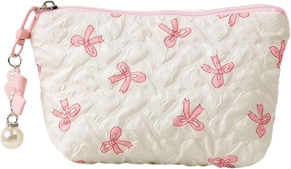 Small Makeup Bag for Handbag, Cute Coquette Make Up Bag, Mini Quilted Cosmetic Pouch - Pink Handbag Organizer, Small Travel Make Up Bags for Purse (Pink-2)