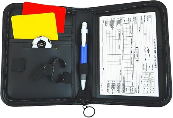 AGORA Soccer Referee Accessory Kit with Red & Yellow Cards, Game Flip Coin, Match Report Pad, Finger Grip Whistle, Fine Point Marker, and Black Leatherette Case