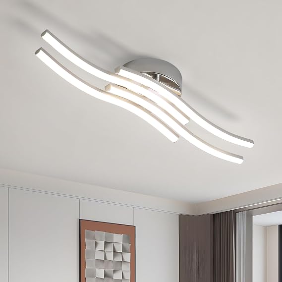 Dorlink Led Ceiling Light, 4 Built-in Wave Led Boards Design Ceiling Lamps, 24W 4500K Neutral Light Chandelier,52cm 2160LM Silver Ceiling Lighting for Living Room Bedroom Kitchen Hallway Office [Energy Class E]