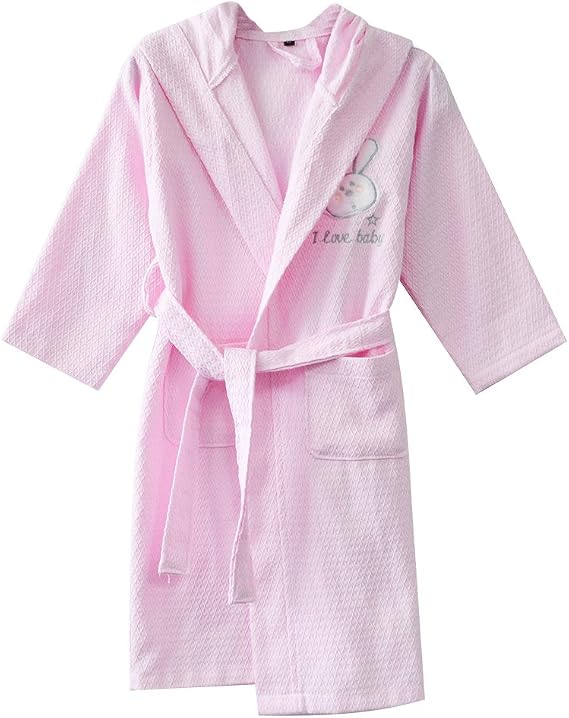 KISBINI 100% Cotton Long Hooded Robes Waffle Knit Bathrobe for Kids Children