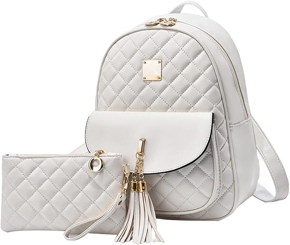 JiaYou Rhomboid Pattern Backpack Sets Women fashion 2Pcs Daypack with handbag(White,8 Liters)