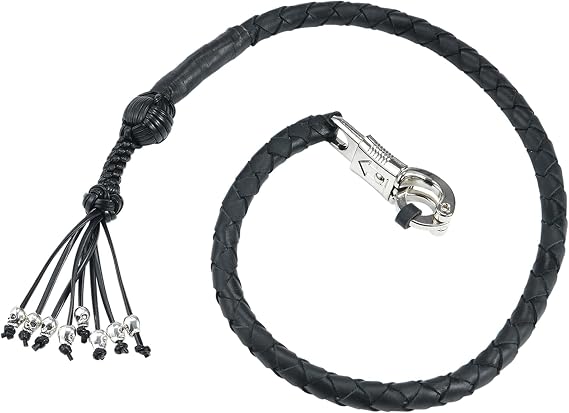 Dream Apparel 42" Motorcycle Get Back Whip Genuine Leather Biker Whip for Handlebar, Motorcycle Whip with Fringes and Skulls, Black