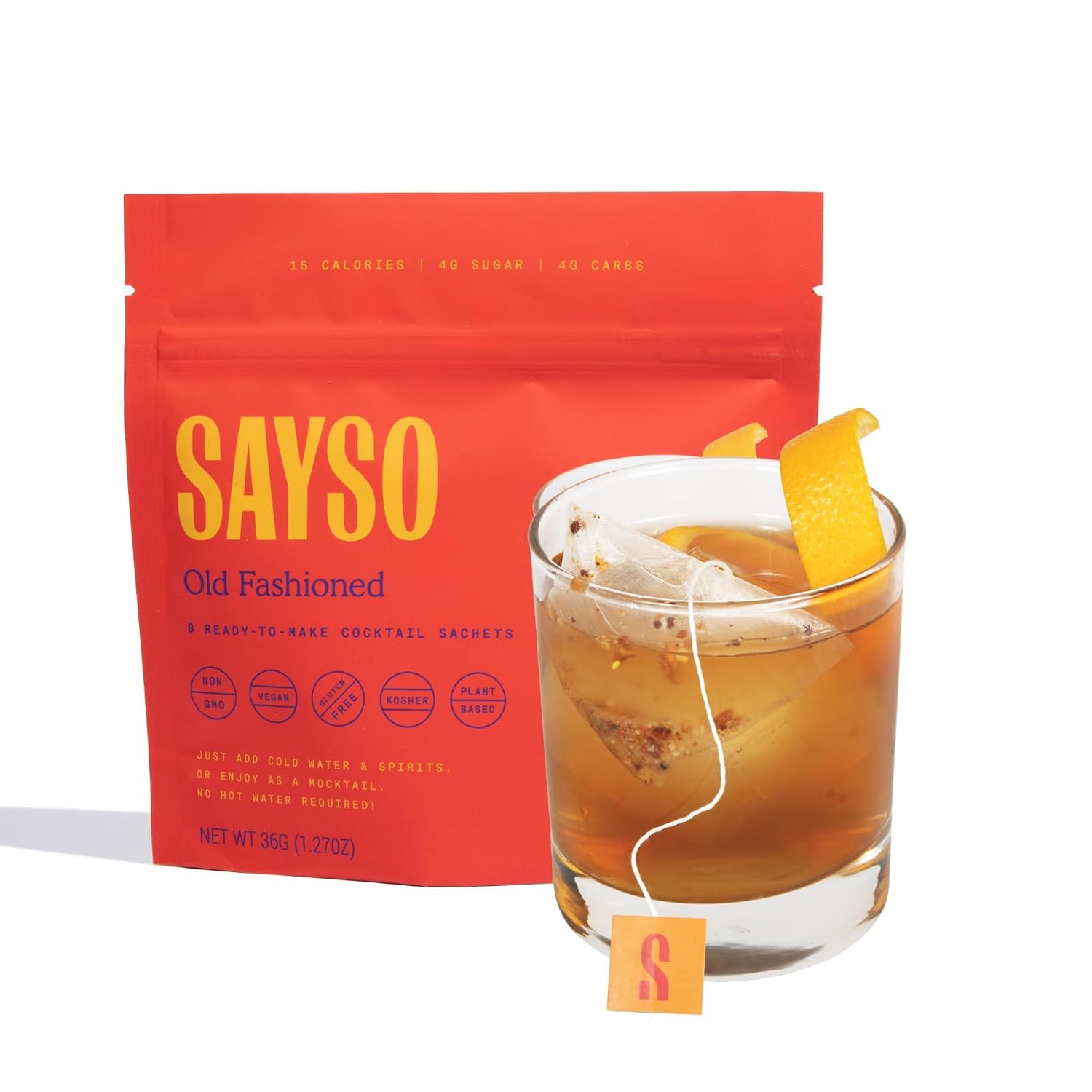SAYSO Old Fashioned Original Craft Cocktail Tea Bag | Under 1 Min With Bitters & Orange | Steep in Whiskey & Cold Water |Organic, Certified Gluten-free & Non-GMO| <4G Sugar, 15 Calories, 8 count