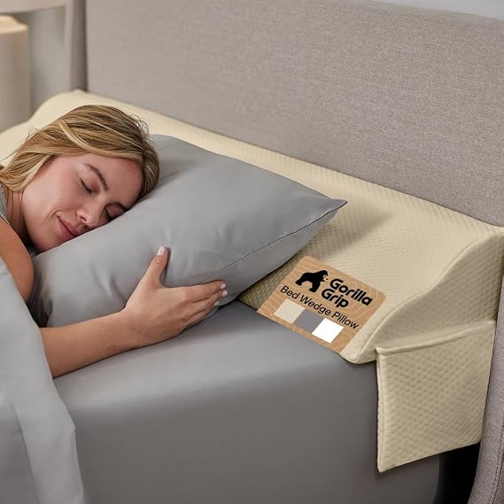 GORILLA GRIP Patented Bed Wedge Pillow for Headboard Gap, Filler Between Mattress Gaps, Comfortable Supportive High Density Cushioned Foam Pillows, Stay in Place Gripping Dots, King Cream
