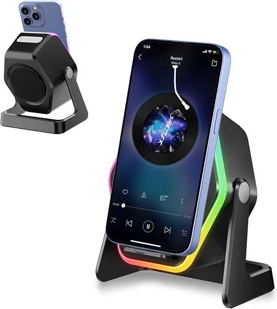 Hupoaf Wireless Induction Speaker, 5in1 Phone Speaker Amplifier with Stereo Sound, RGB Ambient Light, Gifts for Men Women, Adjustable Phone Stand for iPhone/Android/iPad,Home, Office, Outdoor, Party