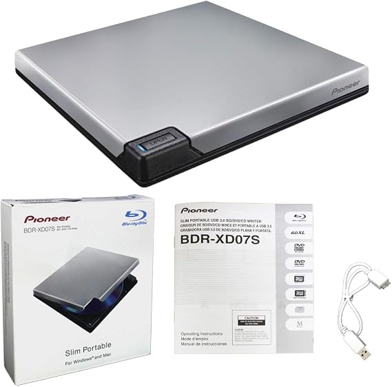 Produplicator Pioneer BDR-XD07S Portable 6X Blu-ray Burner External Drive Bundle with USB Cable - Burn CD DVD BD DL BDXL Discs