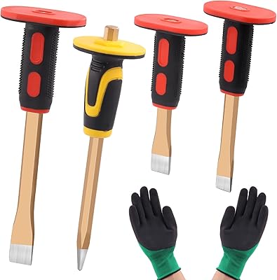 Tanstic 5Pcs Masonry Chisel Set, 7.8 9.8 11.8 Heavy Duty Flat Chisel and Point Chisel with Hand Protection and Gloves, Concrete Breaker Chisels for Demolishing Carving Masonry