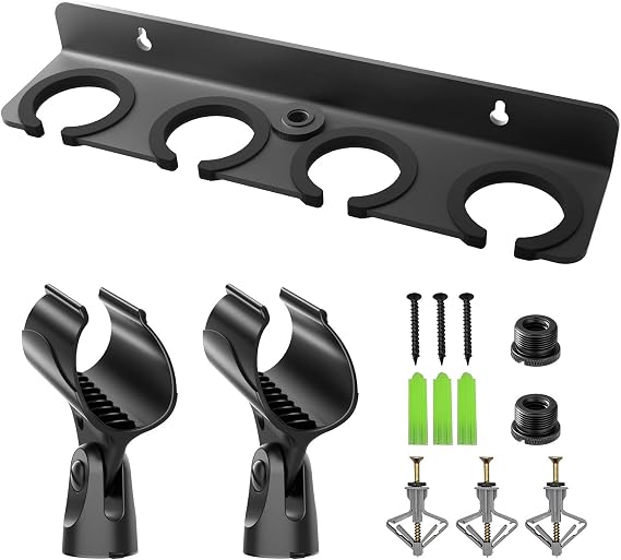 Multi Microphone Holder for Wired and Wireless Mics, Hold Up to 4 Mics, Multiple Mic Organizer Storage for Mic Stand, Rubber Padding/Wall Mounted or Mounted to 5/8"-27 or 3/8"-16 threaded Stands