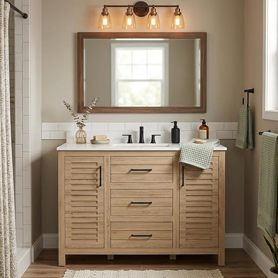48" Brown Bathroom Vanity with White Single Sink & Quartz Top | Pre-Assembled Cabinet, Freestanding, cUPC Ceramic Basin, Backsplash, Soft-Close Doors, 3 Storage Drawers, Adjustable Feet