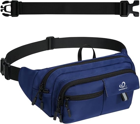 WATERFLY Fanny Pack Waist Bag: 3L Large RFID Anti-Theft with 9 Pockets | Adjustable Belt, Water Resistant, Nylon, Reflective Webbing, Travel Hiking Running, Men Women