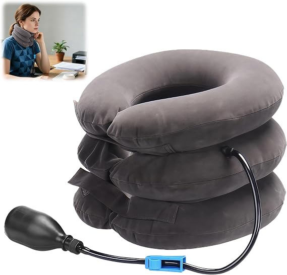 1PC Neck Stretcher Cervical Traction Device for Neck Shoulder Pain Relief | Grey，adjustable air pump, ergonomic spine decompression, portable soft washable fabric for home travel relief