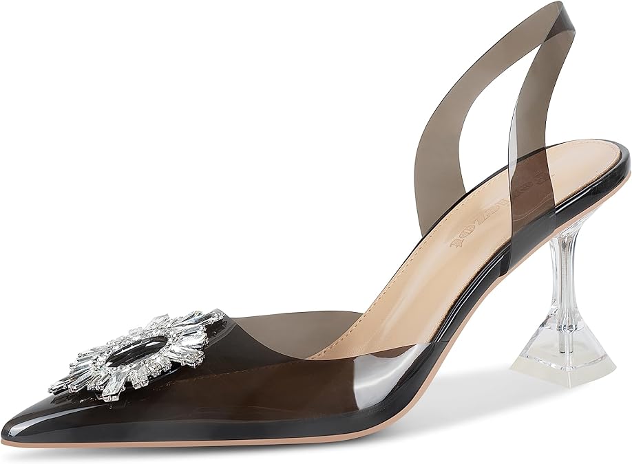 Fericzot Women's Clear Heels Shoes,Slingback Crystal Rhinestones Wedding Pointed Toe Shoes High Heel Sandals