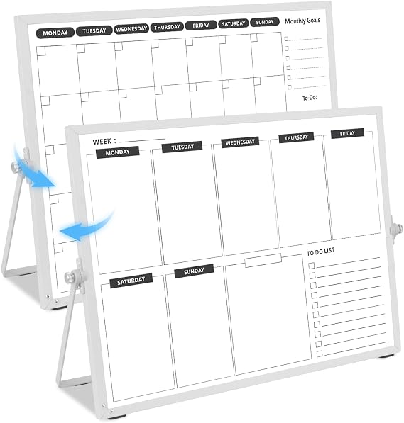 Double-Sided Whiteboard Calendar, Weekly and Monthly Planner for Desk and Wall, Chores Board for Family Planning, Meal and Memo, 40x30cm